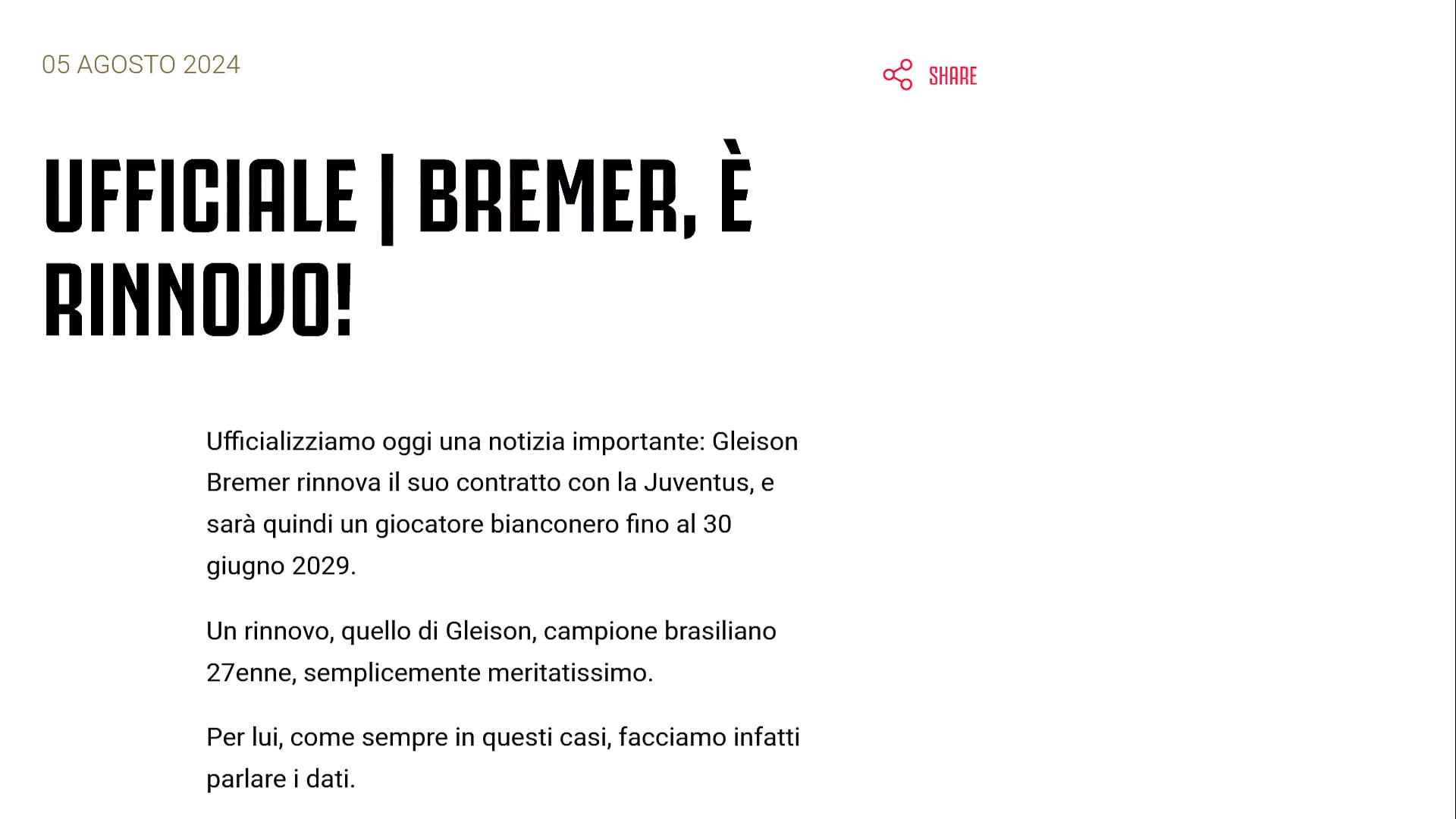 Juve, ufficiale: Bremer rinnova fino al 2029