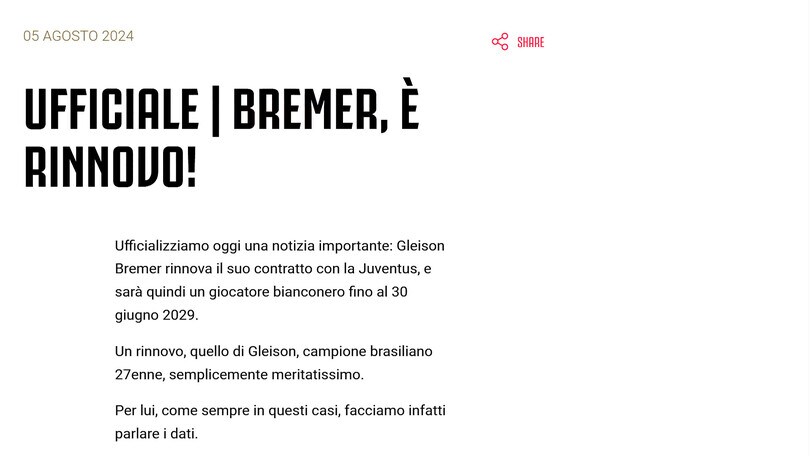 Juve, ufficiale: Bremer rinnova fino al 2029