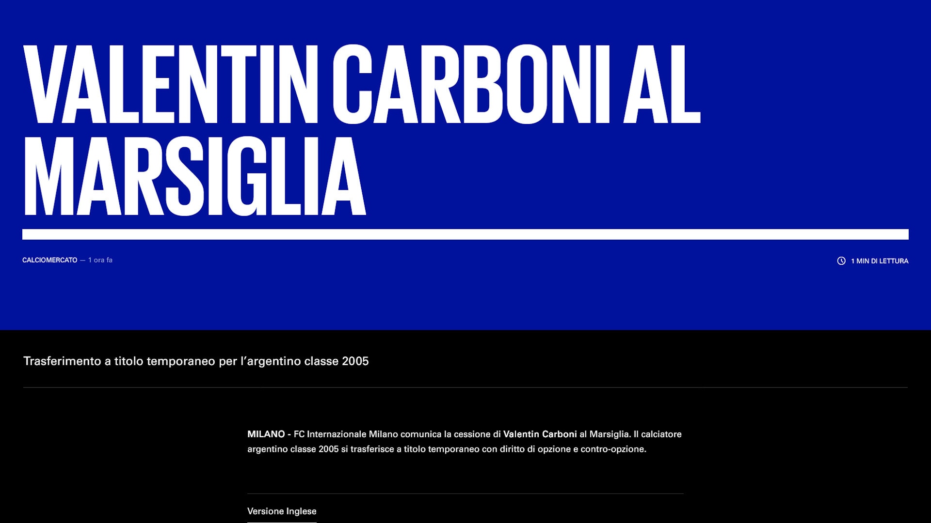 Inter, ceduto in prestito V.Carboni al Marsiglia