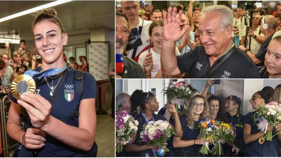Le azzurre di Velasco tornano in Italia dopo l'oro olimpico: fiori, selfie e un bagno di folla a Linate