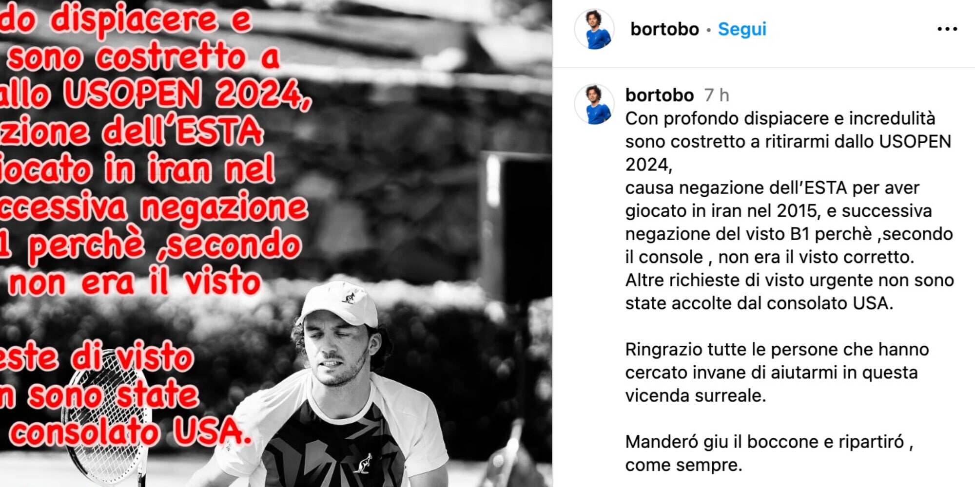 Clamoroso Bortolotti, ingresso negato agli Us Open: è stato in Iran. Niente doppio con Cobolli