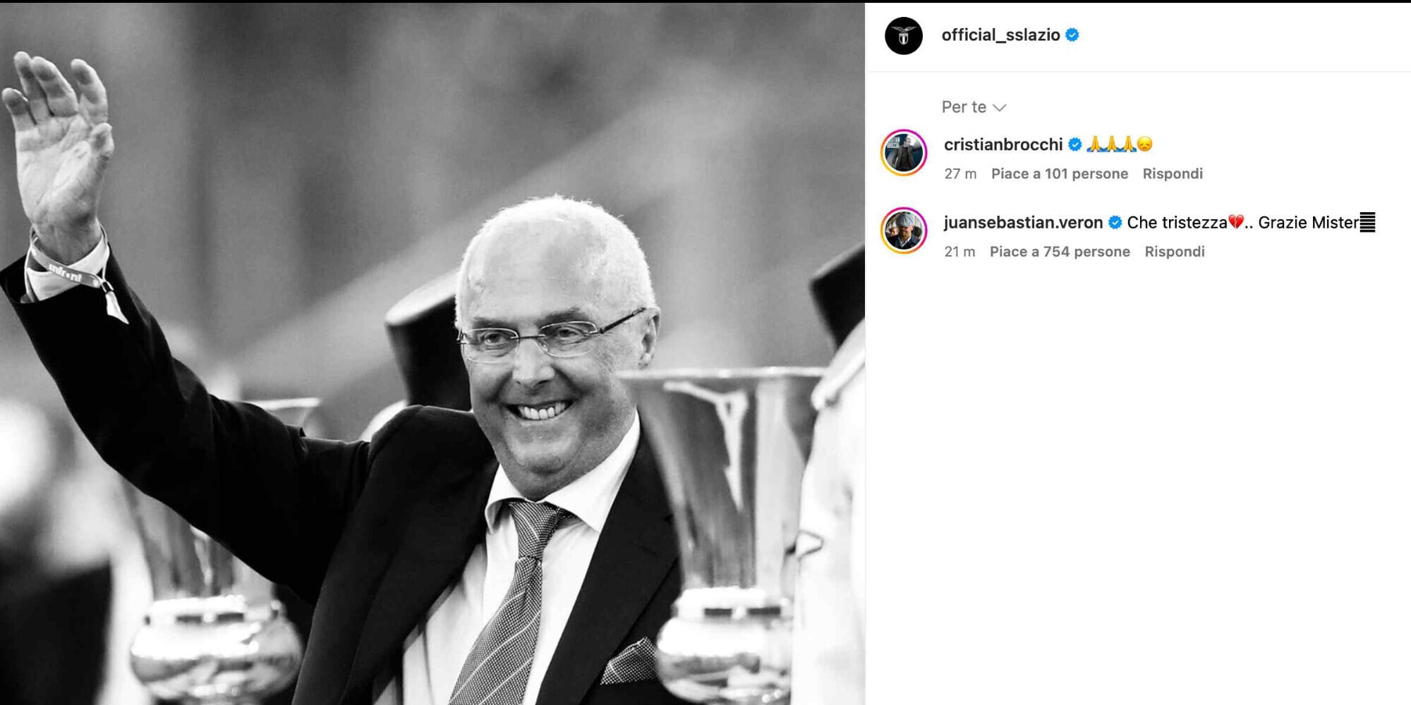 Addio Eriksson, il messaggio della Lazio sui social