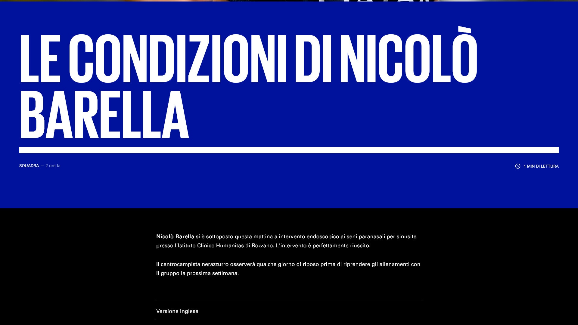 Inter, Barella operato al naso