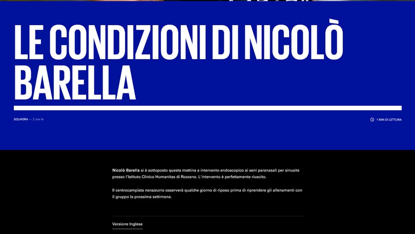 Inter, Barella operato al naso