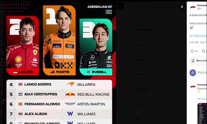 F1, Gp Azerbaijan: Piastri vince davanti a Leclerc