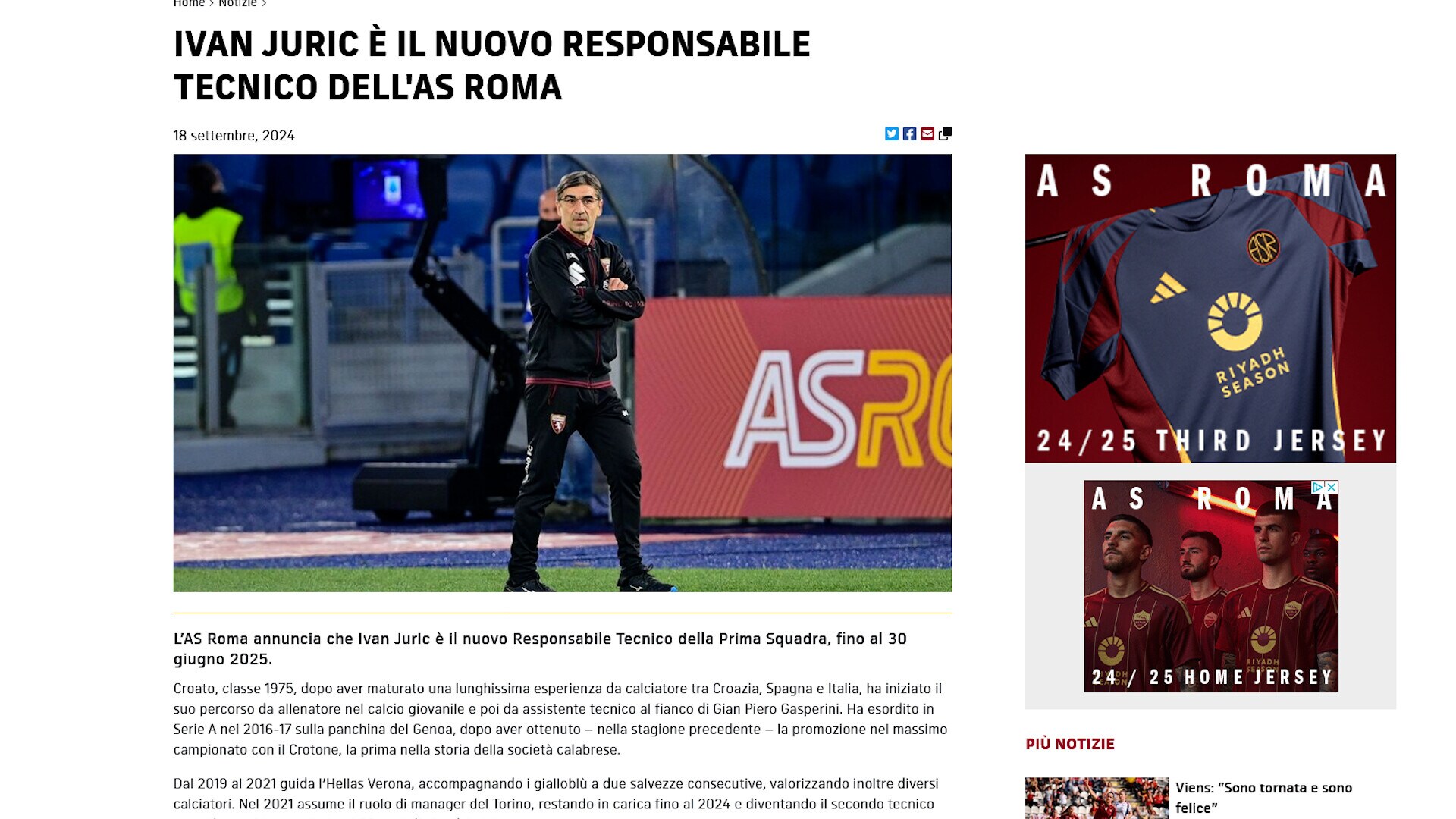 Roma, ufficiale: il nuovo tecnico è Ivan Juric