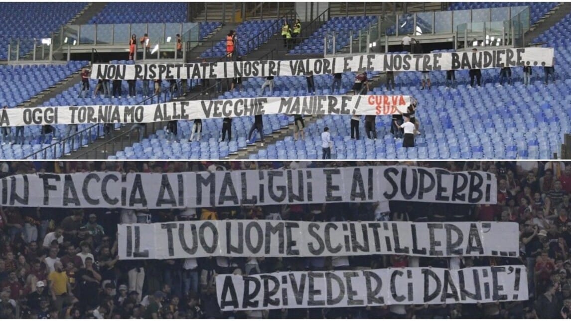 Roma-Udinese, tutti gli striscioni dalla protesta agli omaggi a De Rossi