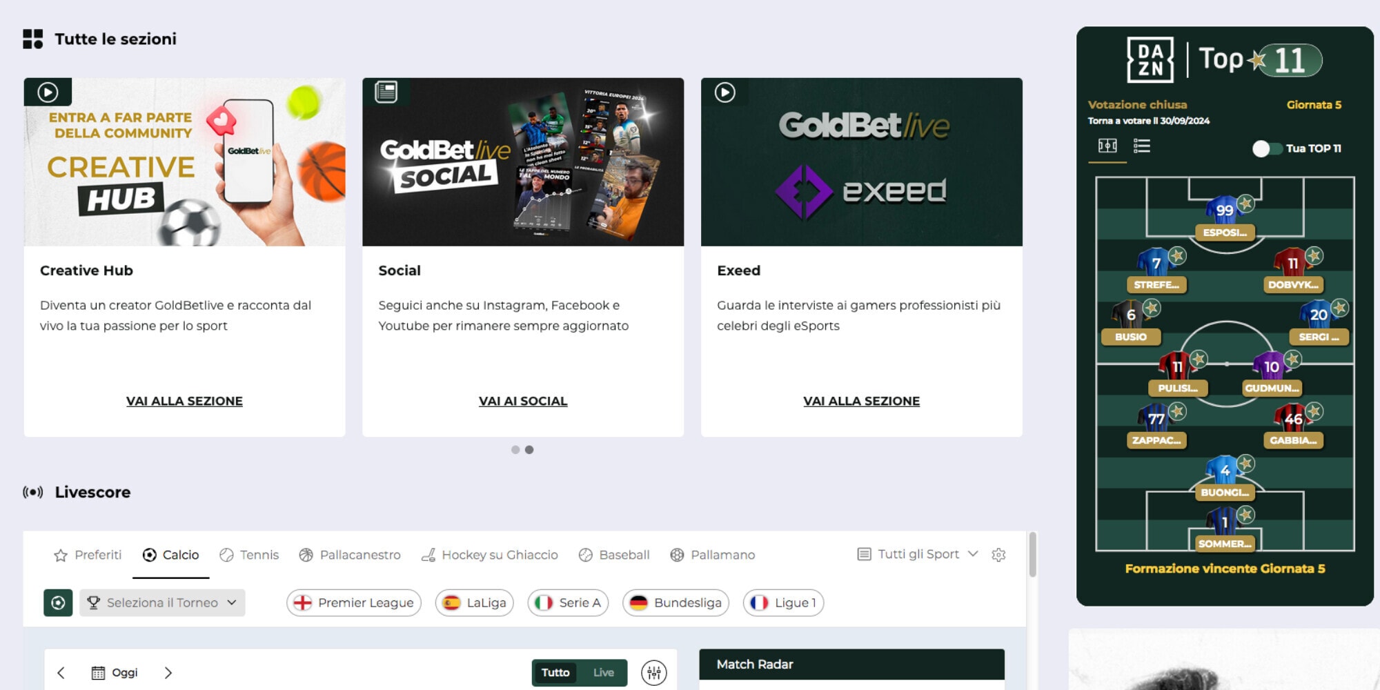 Goldbetlive, Livescore e tanto altro: occhio alla Top11!