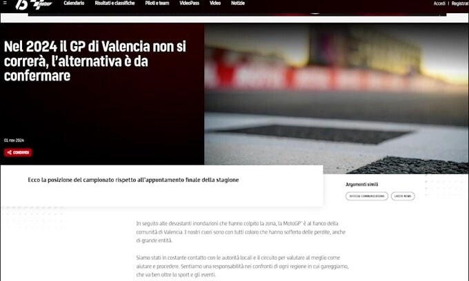Moto Gp, ufficiale: cancellato l'ultimo Gp a Valencia
