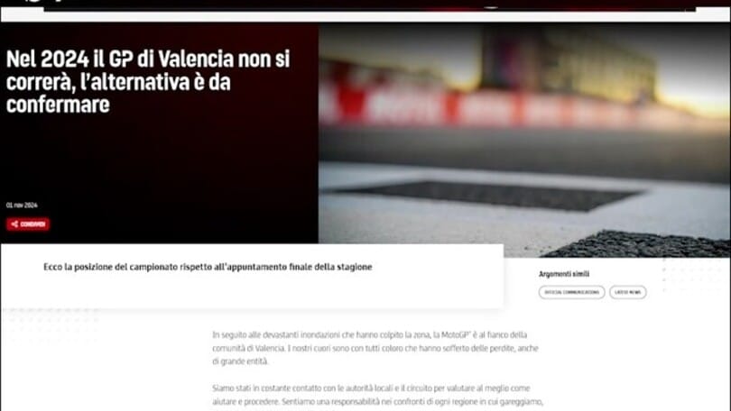 Moto Gp, ufficiale: cancellato l'ultimo Gp a Valencia