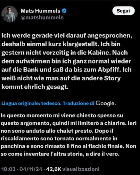 Hummels e il rientro anticipato negli spogliatoi: "Storia inventata"