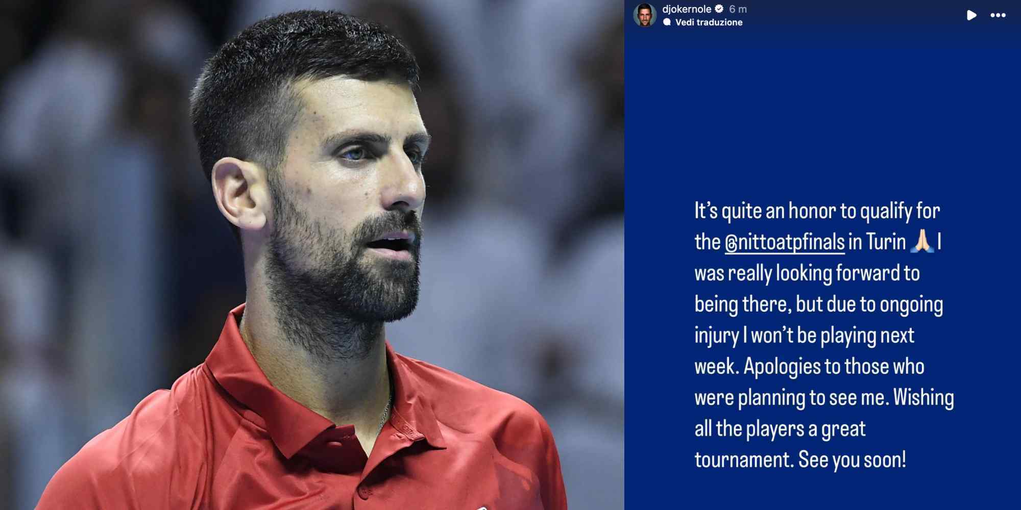 Atp Finals, Djokovic non ci sarà: l'annuncio dopo il silenzio surreale a pochi giorni dal via