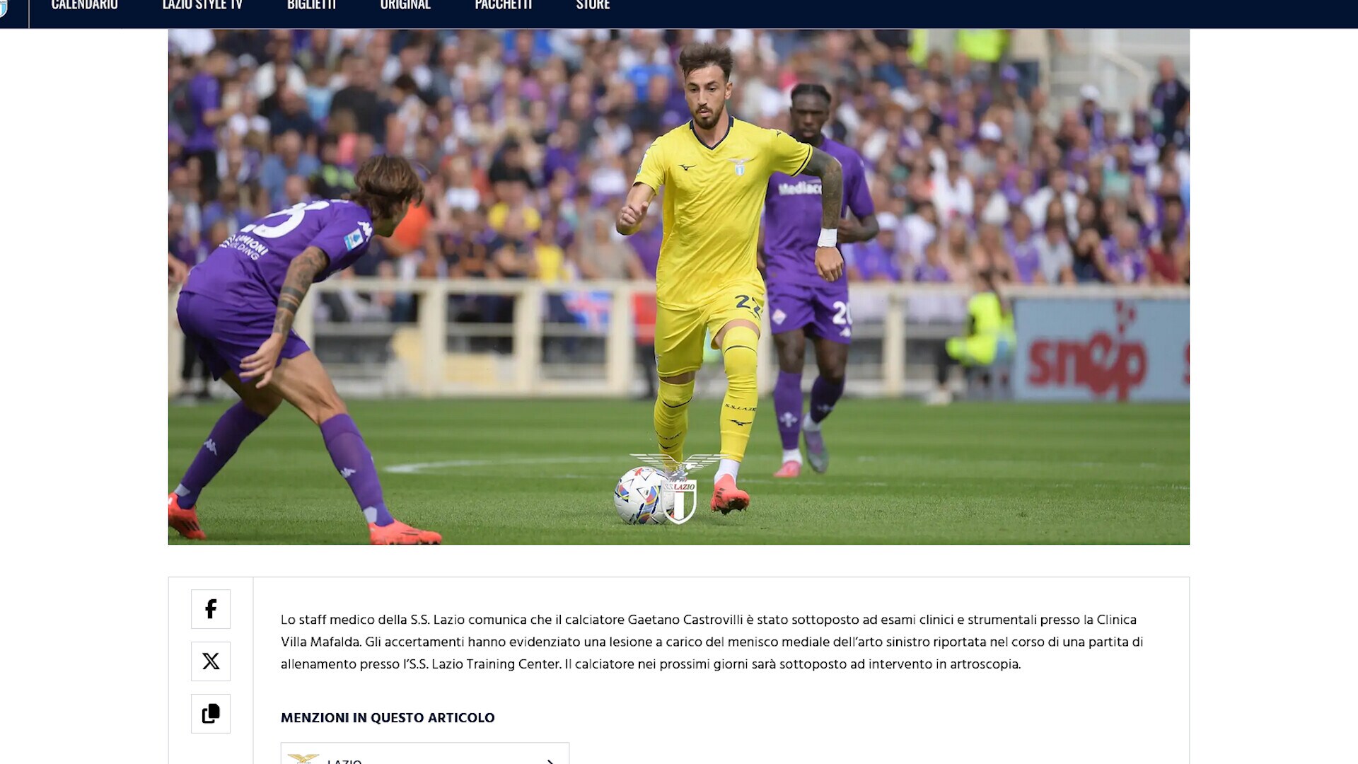 Lazio, tegola per Baroni: Castrovilli sarà operato