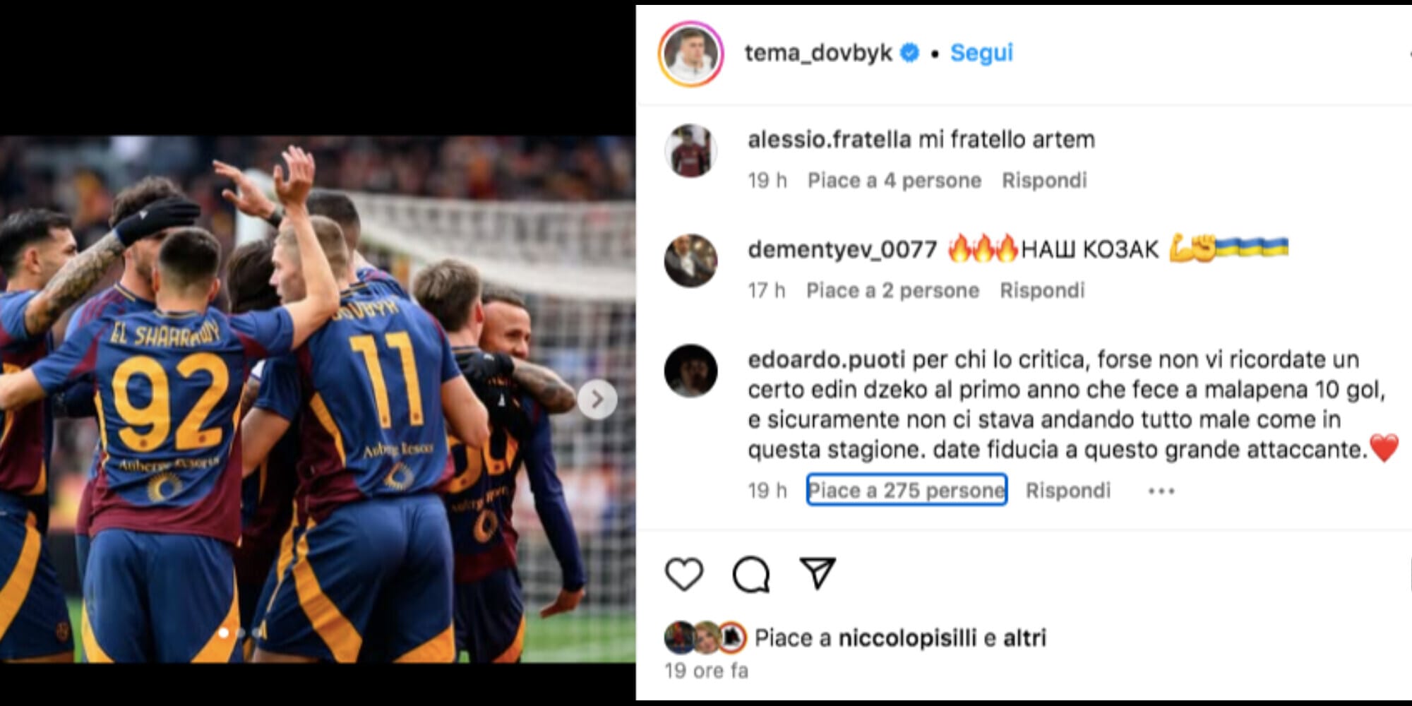 Roma, un tifoso difende Dovbyk: "Merita fiducia, vi ricordate Dzeko?”. E l’attaccante mette il like