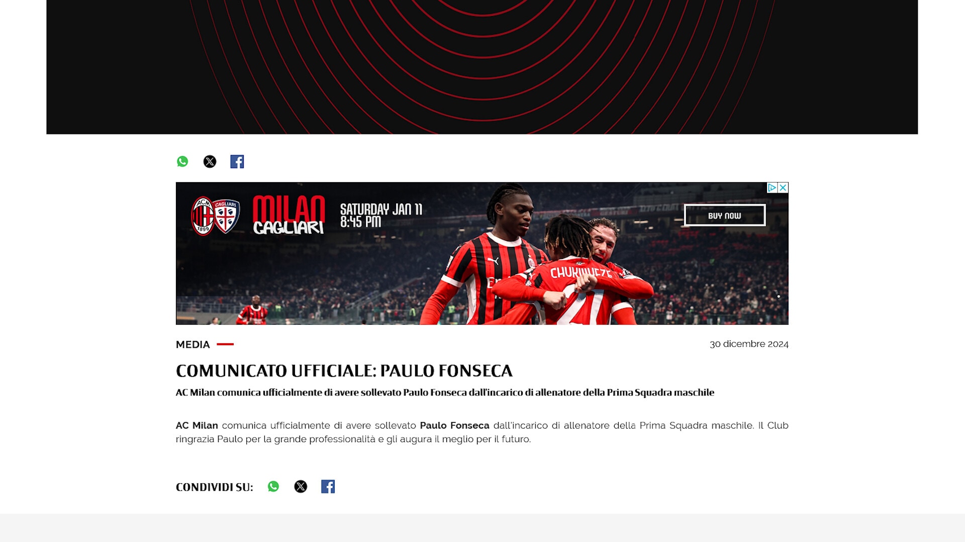 Ufficiale: Milan, esonerato Fonseca