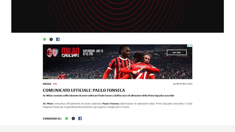 Ufficiale: Milan, esonerato Fonseca