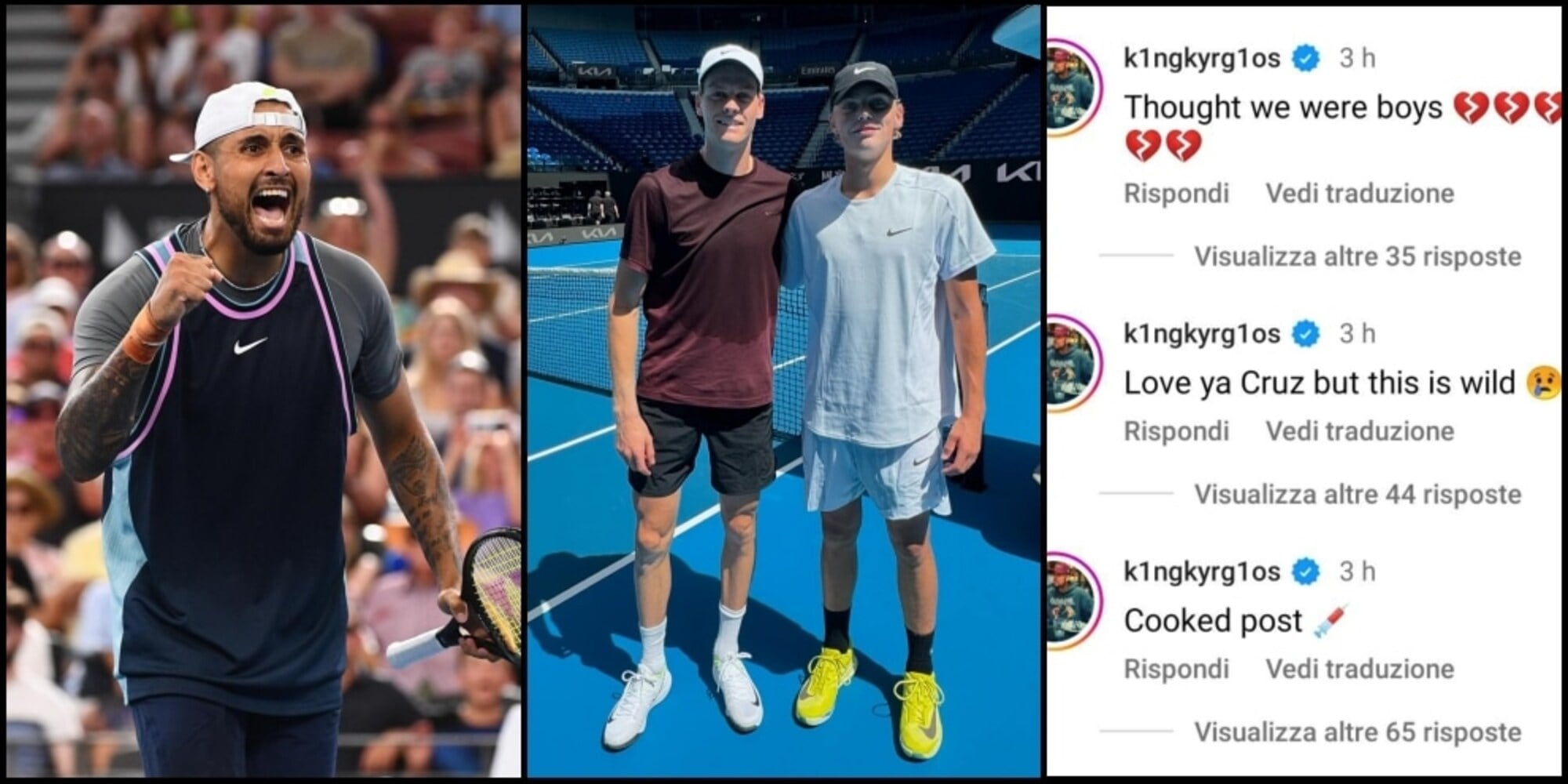 Kyrgios impazzito: attacca il figlio di Hewitt per essersi allenato con Sinner!