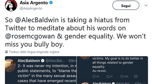 Caso Weinstein, Alec Baldwin litiga con Asia argento su Twitter