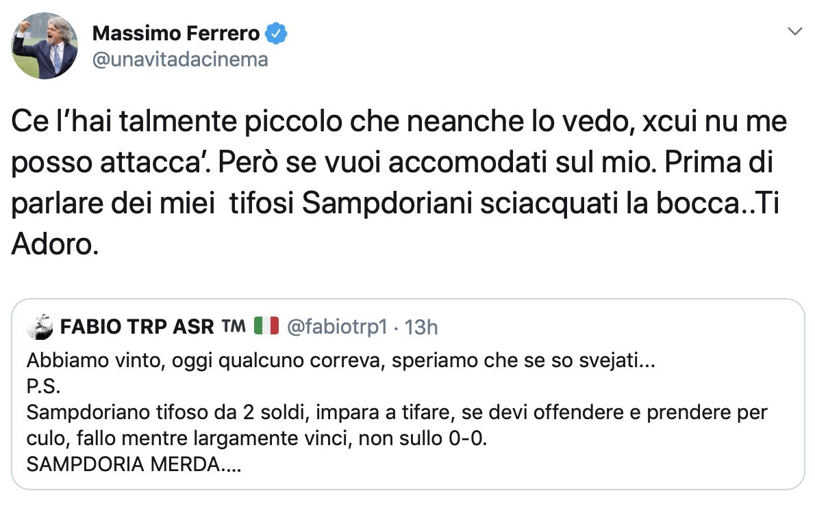 Tifoso della Roma contro Ferrero, lui replica «Ce l'hai piccolo...»