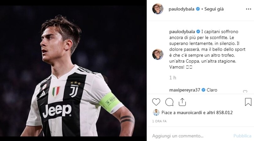 Dybala: «C'è sempre un'altra stagione». E Icardi mette il like...