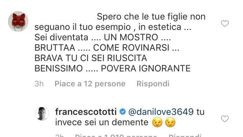 Social, attacco a Ilary: «Sei un mostro». Totti la difende: «Tu un demente»