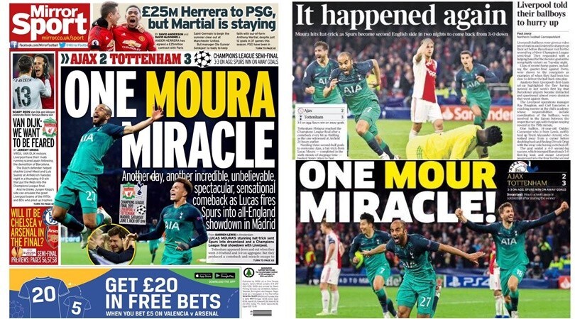 Champions, il Tottenham elimina l'Ajax: tabloid inglesi in delirio per Lucas Moura
