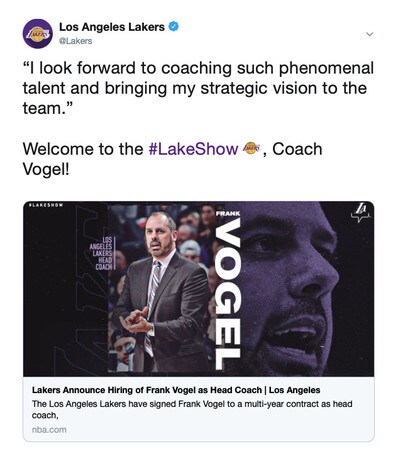 NBA, Frank Vogel è il nuovo allenatore dei Los Angeles Lakers