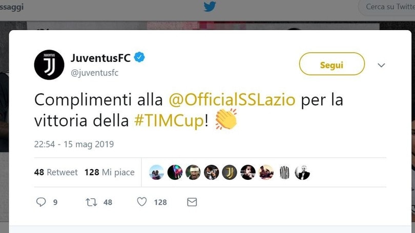 Coppa Italia, trionfo Lazio. La Juve twitta: «Complimenti!»