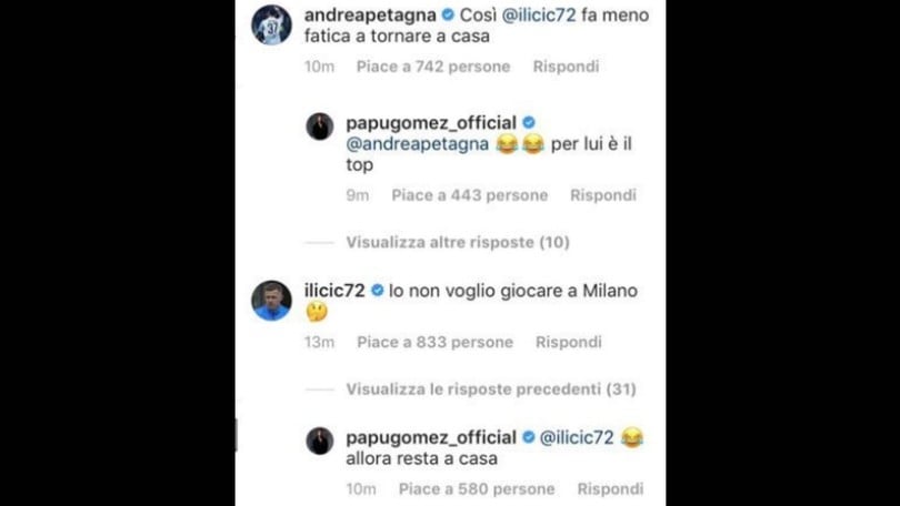 Atalanta a San Siro, Gomez ringrazia. E Petagna sfotte Ilicic!