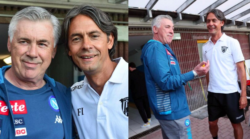 Ancelotti e Pippo Inzaghi, sorrisi e abbracci prima dell'amichevole
