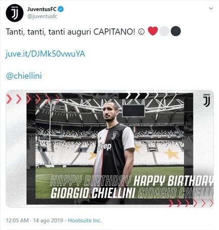 Chiellini spegne 35 candeline, la Juve lo celebra su Twitter
