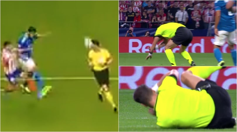 Atletico Madrid-Juve, l'arbitro colpito da una pallonata: gioco interrotto