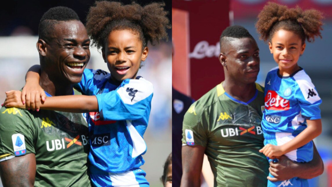 Napoli-Brescia, Balotelli con la figlia in braccio all'ingresso in campo