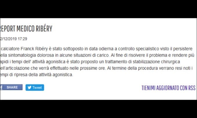 Fiorentina, Ribery subirà un intervento