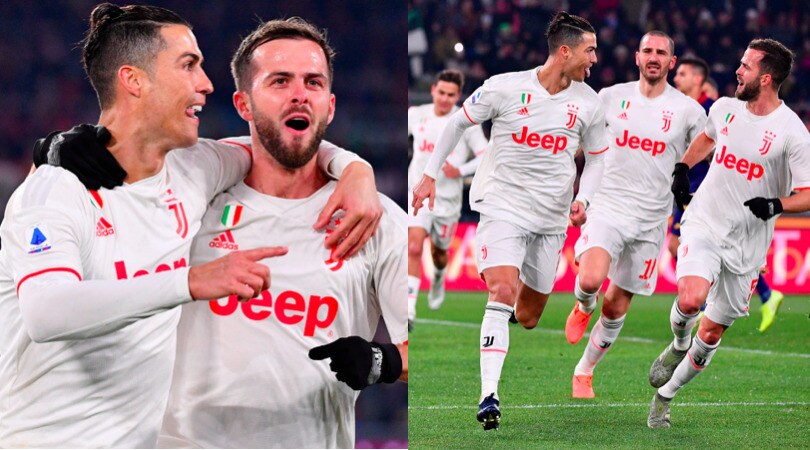 Roma-Juve, Ronaldo segna e abbraccia Pjanic