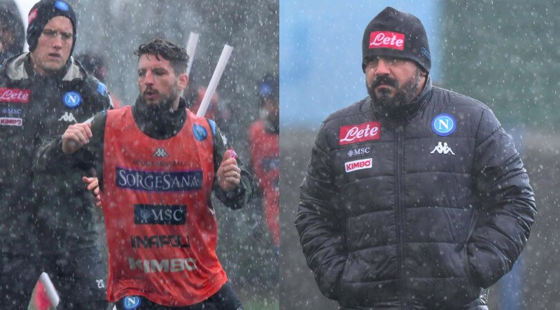Napoli, allenamento sotto la pioggia