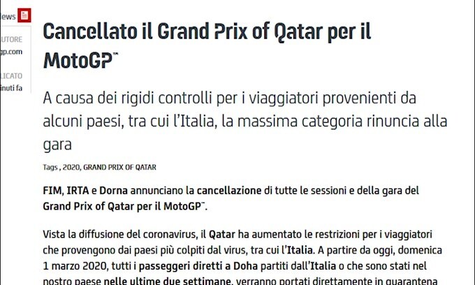 Coronavirus, rinviato il gp di MotoGp in Qatar