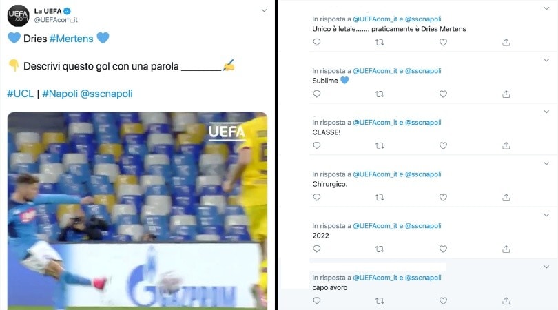 Napoli, la Uefa celebra il gol di Mertens col Barça. E i tifosi impazziscono sui social