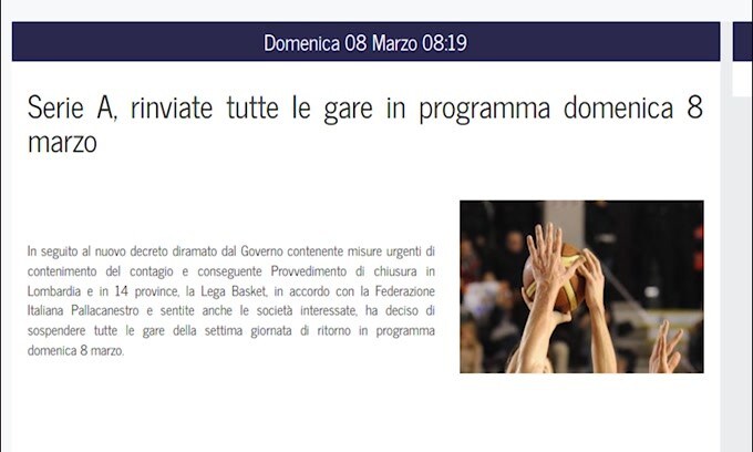 Basket, rinviate tutte le partite della domenica di Serie A