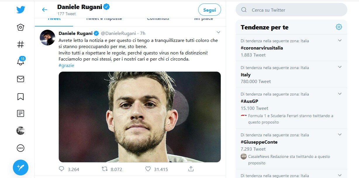 Juve, Rugani positivo al Coronavirus