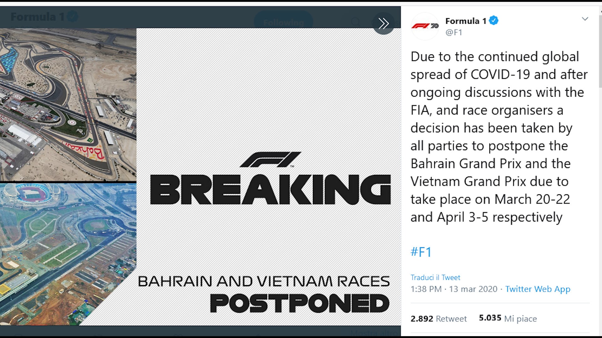 F1, Mondiale al via a maggio in Olanda: rinviati Bahrein e Vietnam