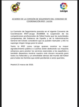 Liga e RFEF ufficializzano sospensione: deciderà il governo quando ripartire