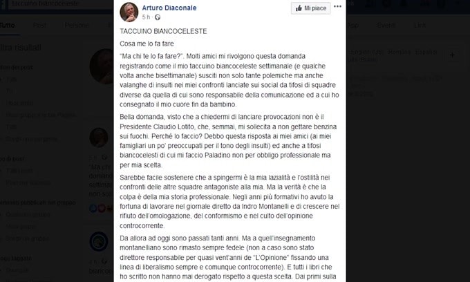 Lazio, lo sfogo di Diaconale sui social
