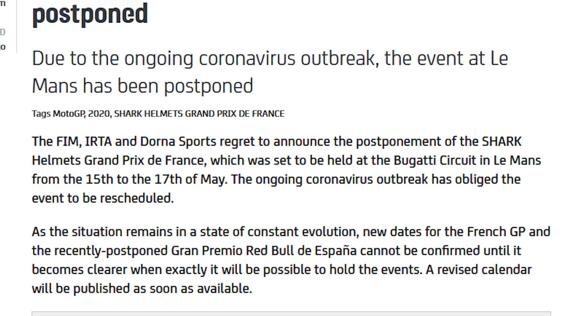 Coronavirus, Moto Gp: rinviata la tappa in Francia