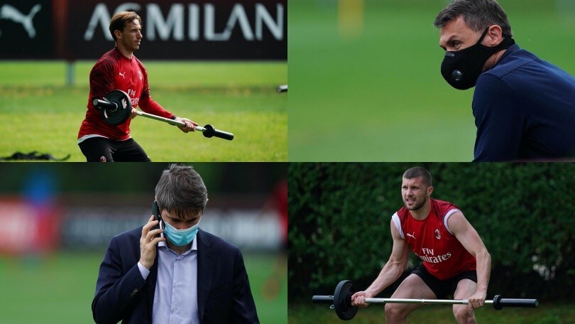 Il Milan si allena sotto gli occhi di Maldini e Massara. Biglia e Rebic sollevano i pesi