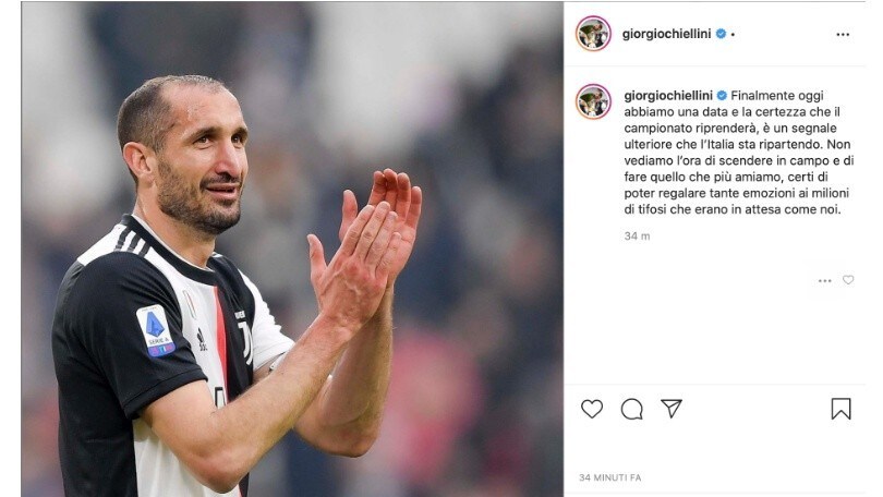 Juve, Chiellini: "Finalmente certezza sulla ripartenza. Pronti a regalare tante emozioni"