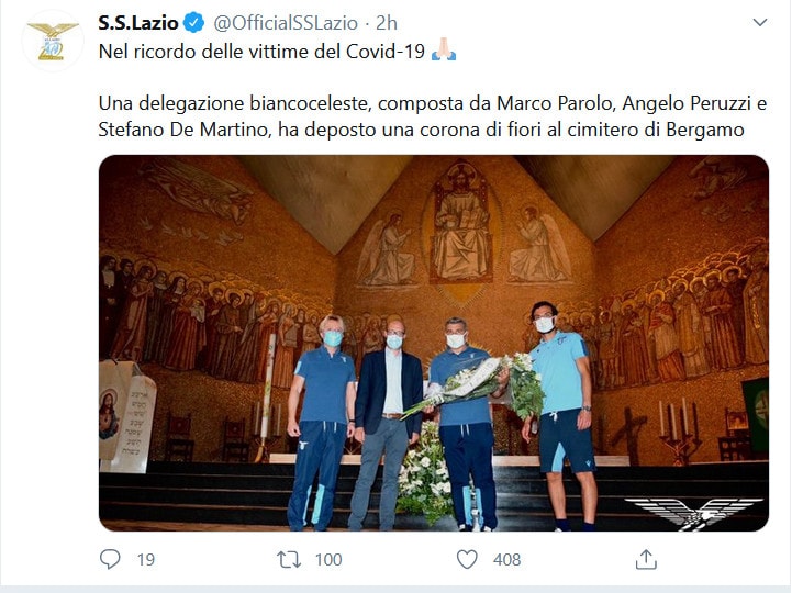 La Lazio rende omaggio alle vittime bergamasche del coronavirus