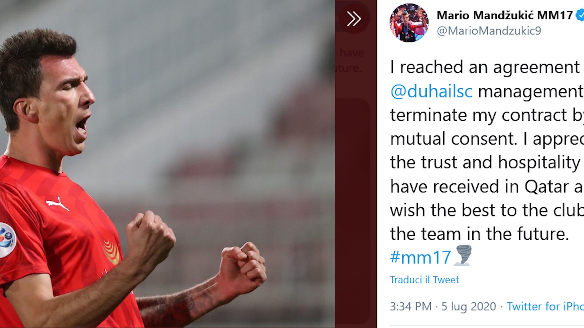 Ufficiale: Mandzukic rescinde con l'Al-Duhail