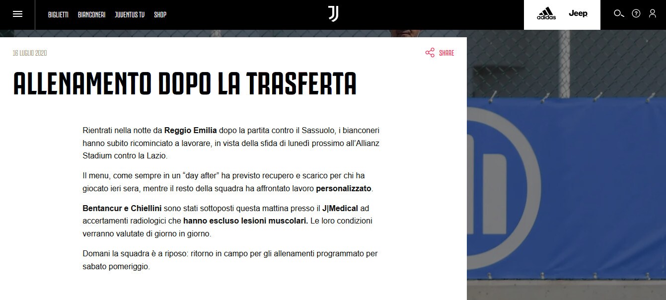 Juve, niente lesione muscolare per Chiellini e Bentacur