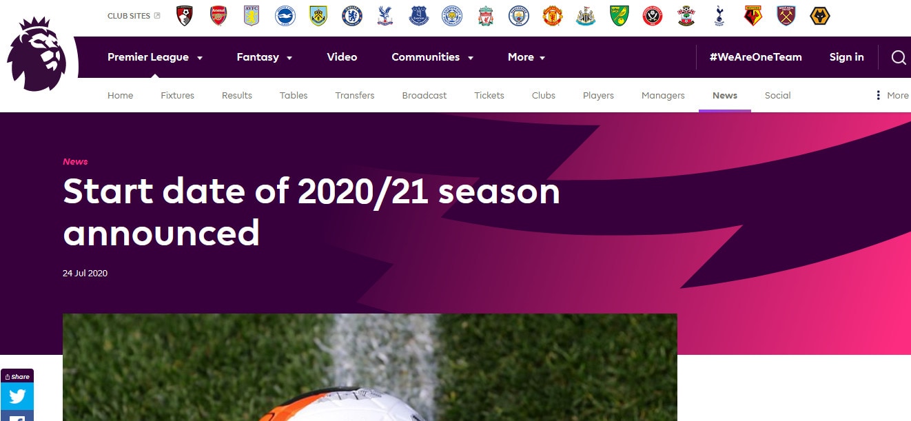 Ufficiale: la Premier League 2020-21 inizierà il 12 settembre